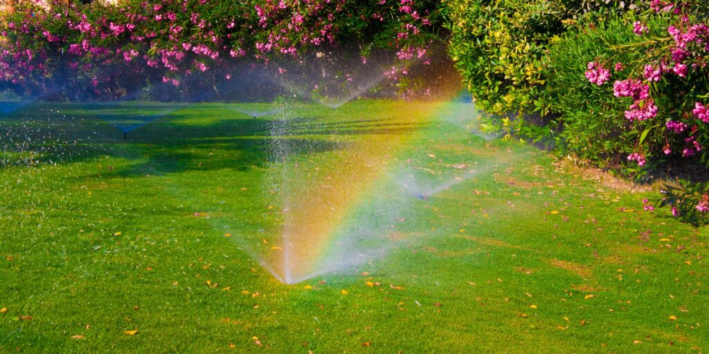 A sprinkler spraying water on a lawn during the day time, causing a rainbow effect